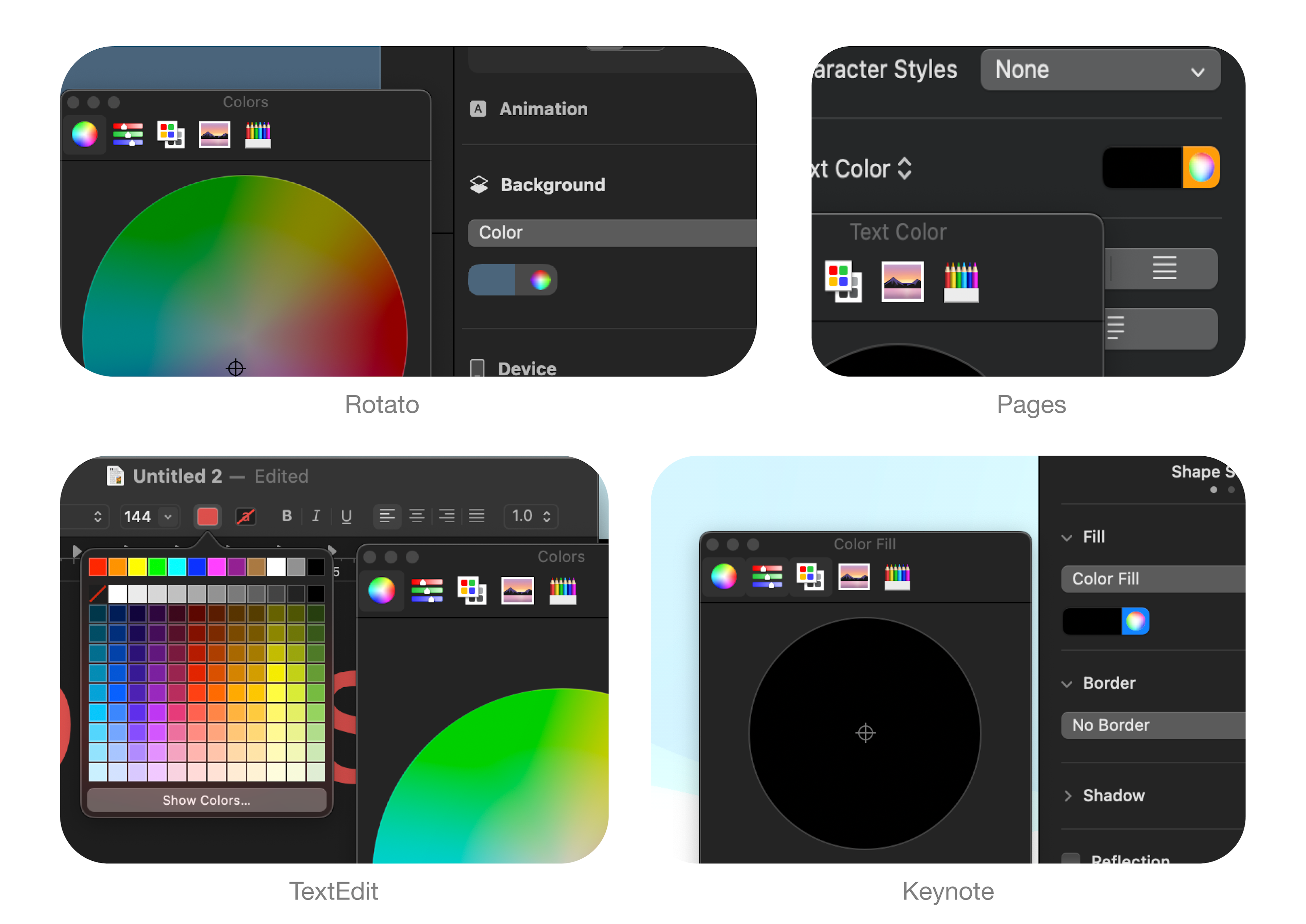 Illustration showing how to bring up the color picker in various apps