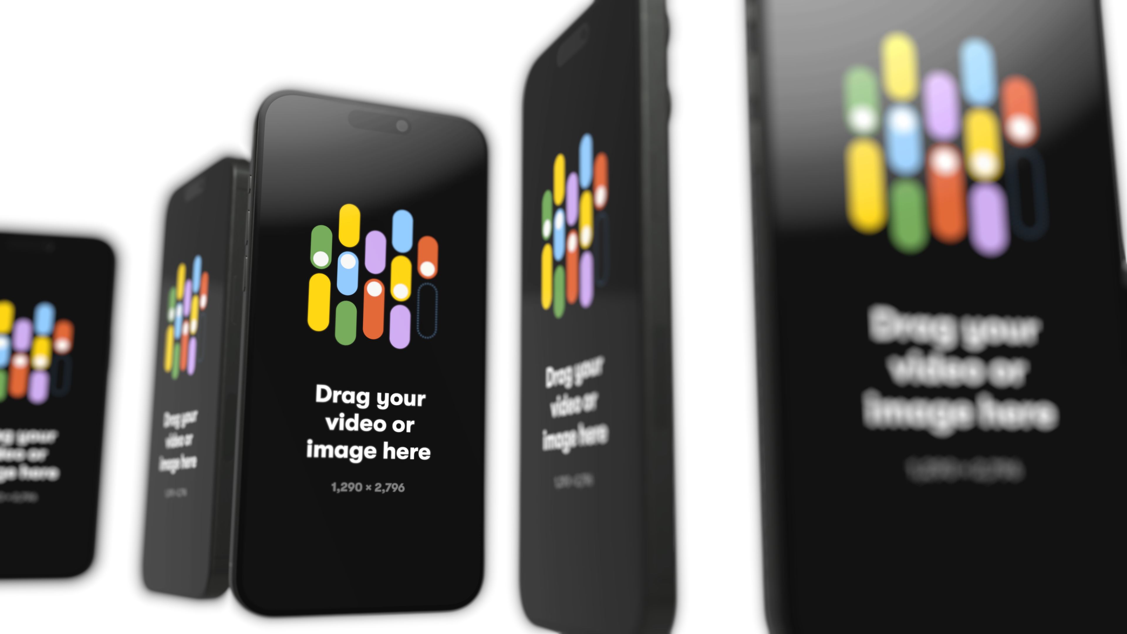 5 iPhone mockups with one iPhone in focus, and the other ones blurred